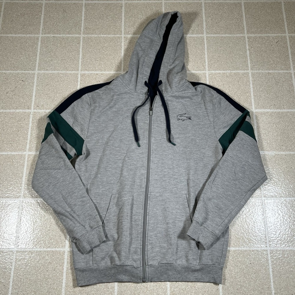 Lacoste Full Zip Hoodie Gray Green Navy Striped Size M Preppy